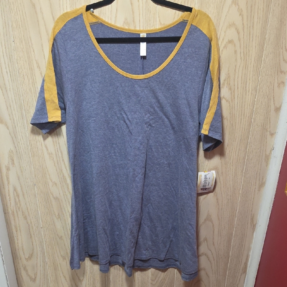 LuLaRoe Heathered Blue Tee with Mustard Accents